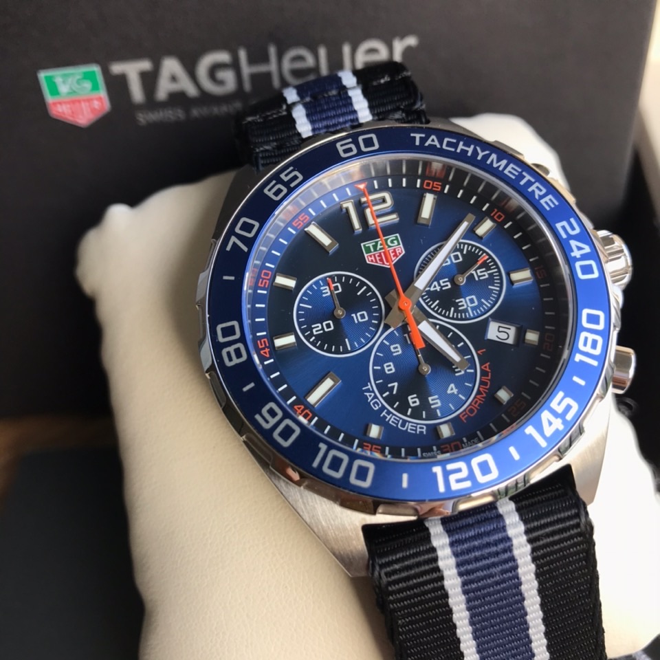 43mm Racing Chrono Blue Dial Chronograph with Blue White Strap