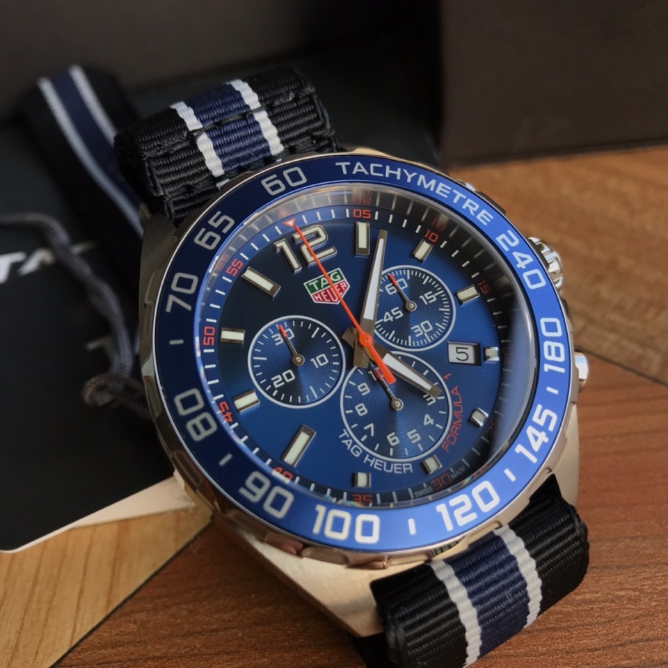 43mm Racing Chrono Blue Dial Chronograph with Blue White Strap